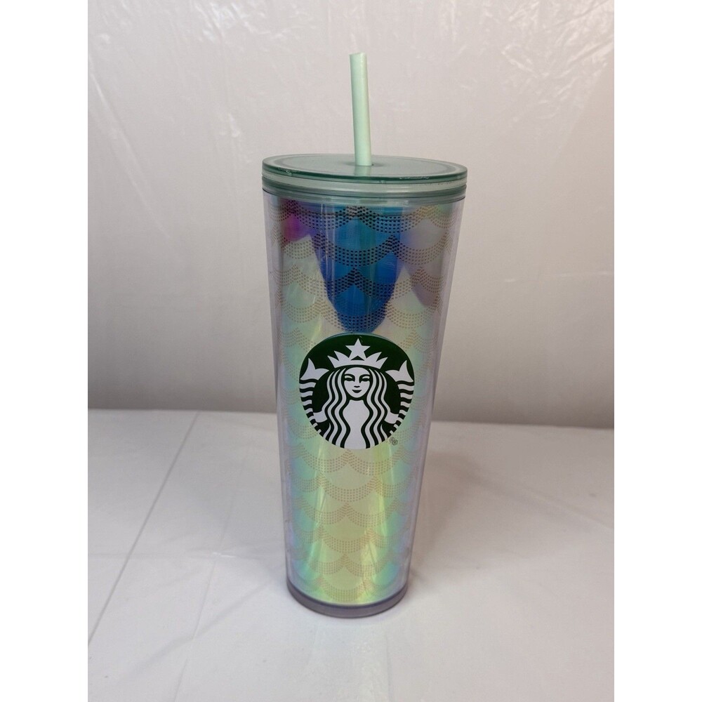 Starbucks 2019 Iridescent Mermaid Siren Scale Tumbler Cold Cup 24oz Straw